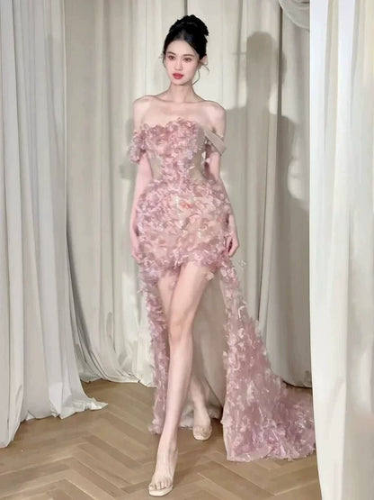 Ornate Sheath Off-Shoulder Pink Homecoming Dress Appliques Sequins Birthday Dress AP6910
