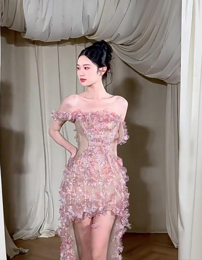 Ornate Sheath Off-Shoulder Pink Homecoming Dress Appliques Sequins Birthday Dress AP6910