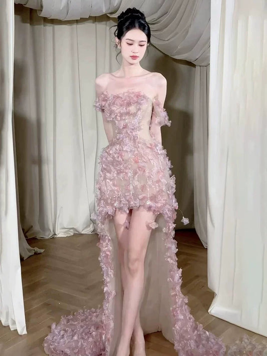 Ornate Sheath Off-Shoulder Pink Homecoming Dress Appliques Sequins Birthday Dress AP6910