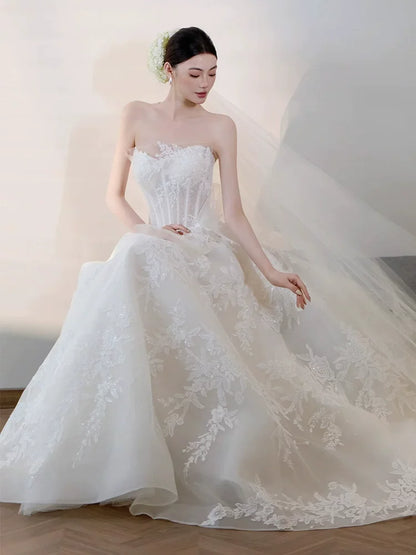 Fabulous Strapless A-Line Wedding Dress Inspo Appliques Sequins Bridal Gowns AP6911