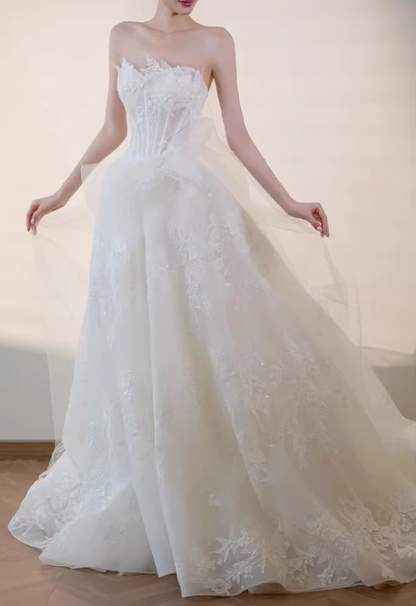 Fabulous Strapless A-Line Wedding Dress Inspo Appliques Sequins Bridal Gowns AP6911