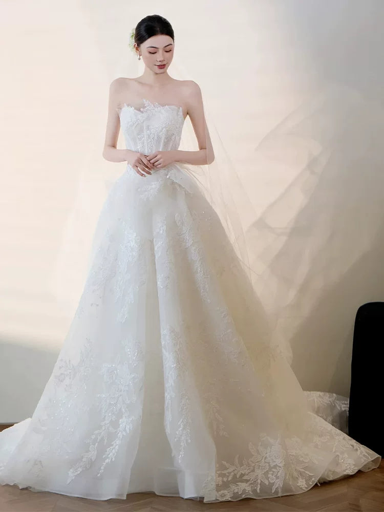 Fabulous Strapless A-Line Wedding Dress Inspo Appliques Sequins Bridal Gowns AP6911