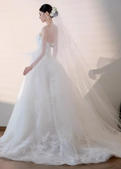 Fabulous Strapless A-Line Wedding Dress Inspo Appliques Sequins Bridal Gowns AP6911