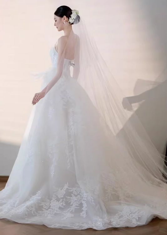 Fabulous Strapless A-Line Wedding Dress Inspo Appliques Sequins Bridal Gowns AP6911