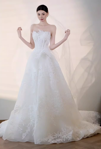 Fabulous Strapless A-Line Wedding Dress Inspo Appliques Sequins Bridal Gowns AP6911