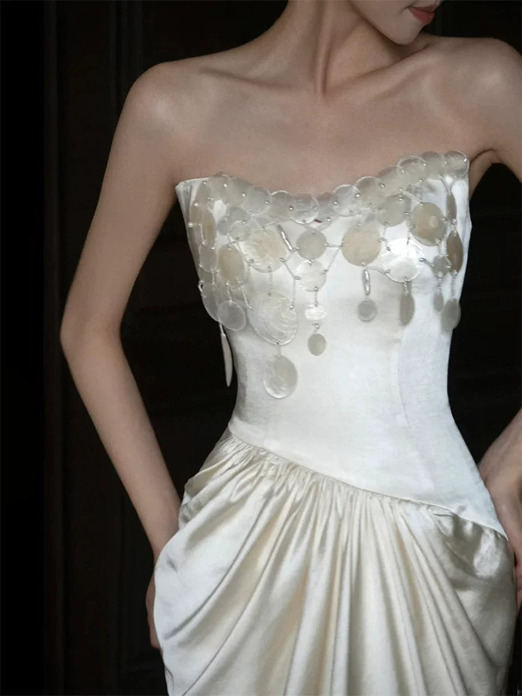 Chic Strapless Mermaid Wedding Dress Ideas Satin Sequins Bridal Dress AP6912
