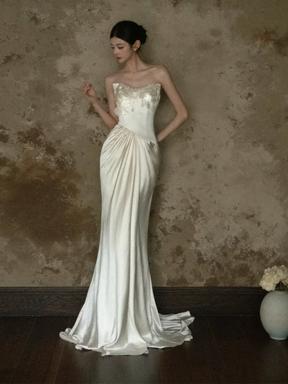 Chic Strapless Mermaid Wedding Dress Ideas Satin Sequins Bridal Dress AP6912