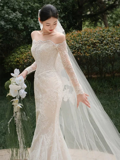 Luxurious Off-Shoulder Long Sleeve Wedding Dress With Veil Sequins Lace Mermaid Bridal Dress AP6913
