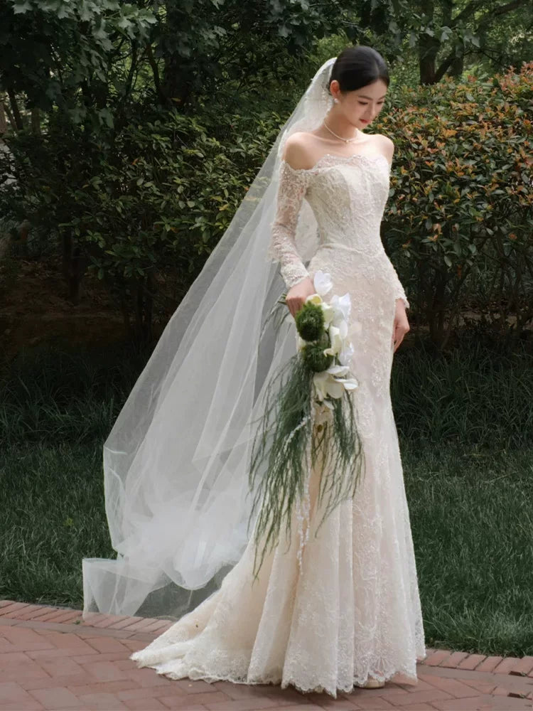 Luxurious Off-Shoulder Long Sleeve Wedding Dress With Veil Sequins Lace Mermaid Bridal Dress AP6913