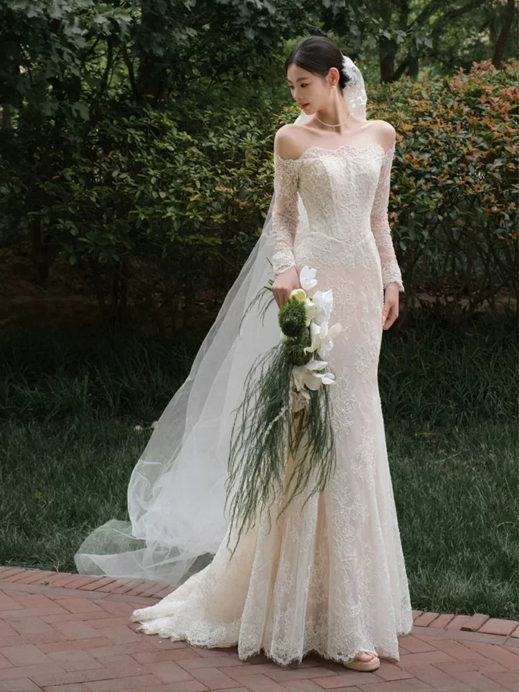 Luxurious Off-Shoulder Long Sleeve Wedding Dress With Veil Sequins Lace Mermaid Bridal Dress AP6913
