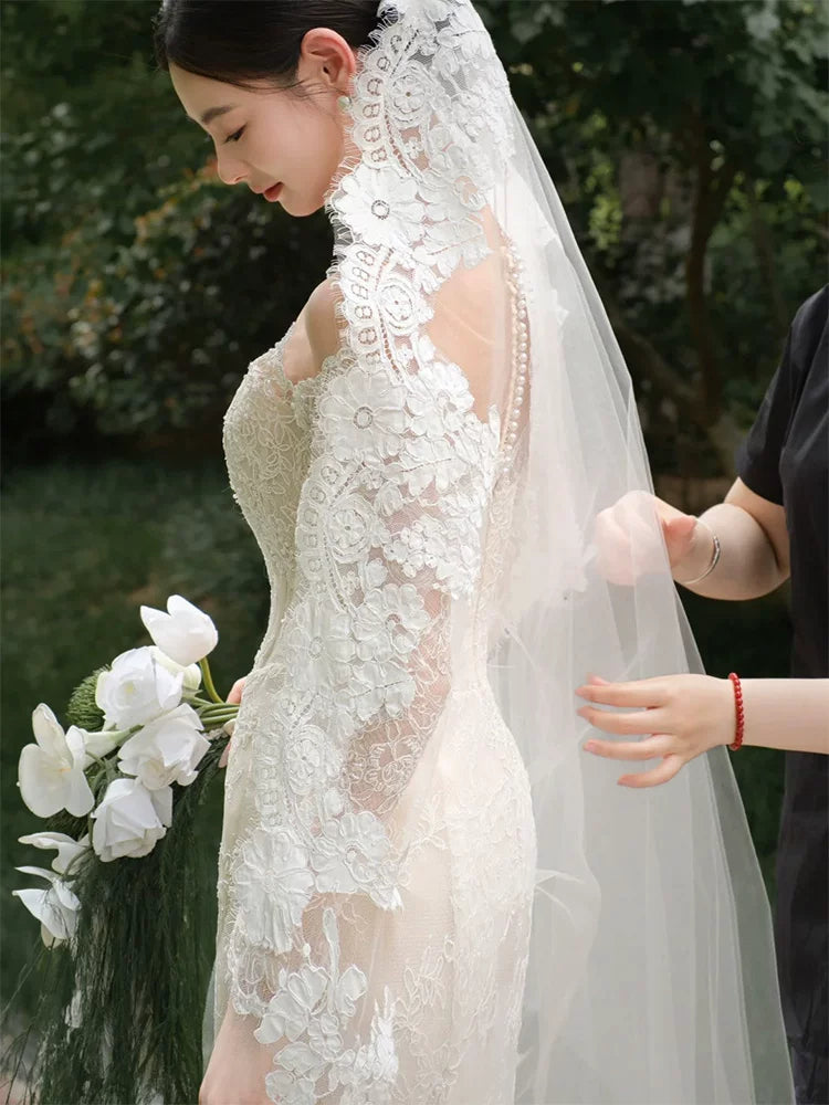 Luxurious Off-Shoulder Long Sleeve Wedding Dress With Veil Sequins Lace Mermaid Bridal Dress AP6913