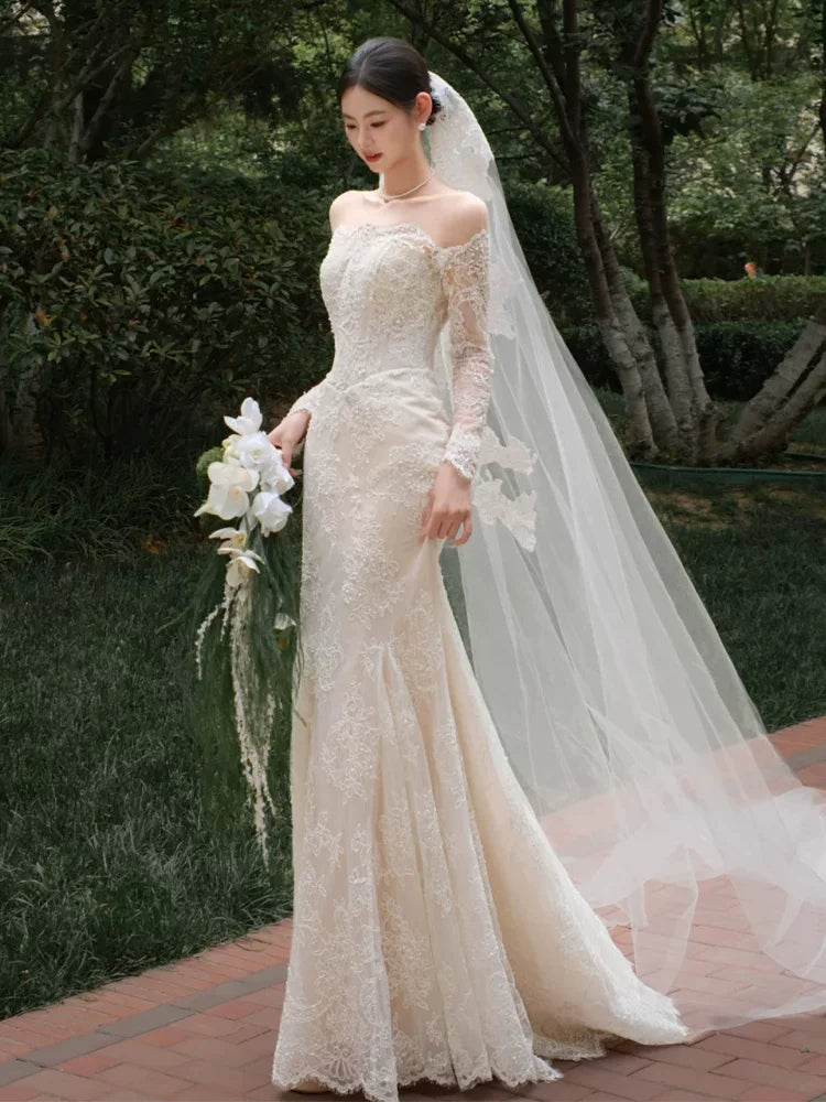 Luxurious Off-Shoulder Long Sleeve Wedding Dress With Veil Sequins Lace Mermaid Bridal Dress AP6913