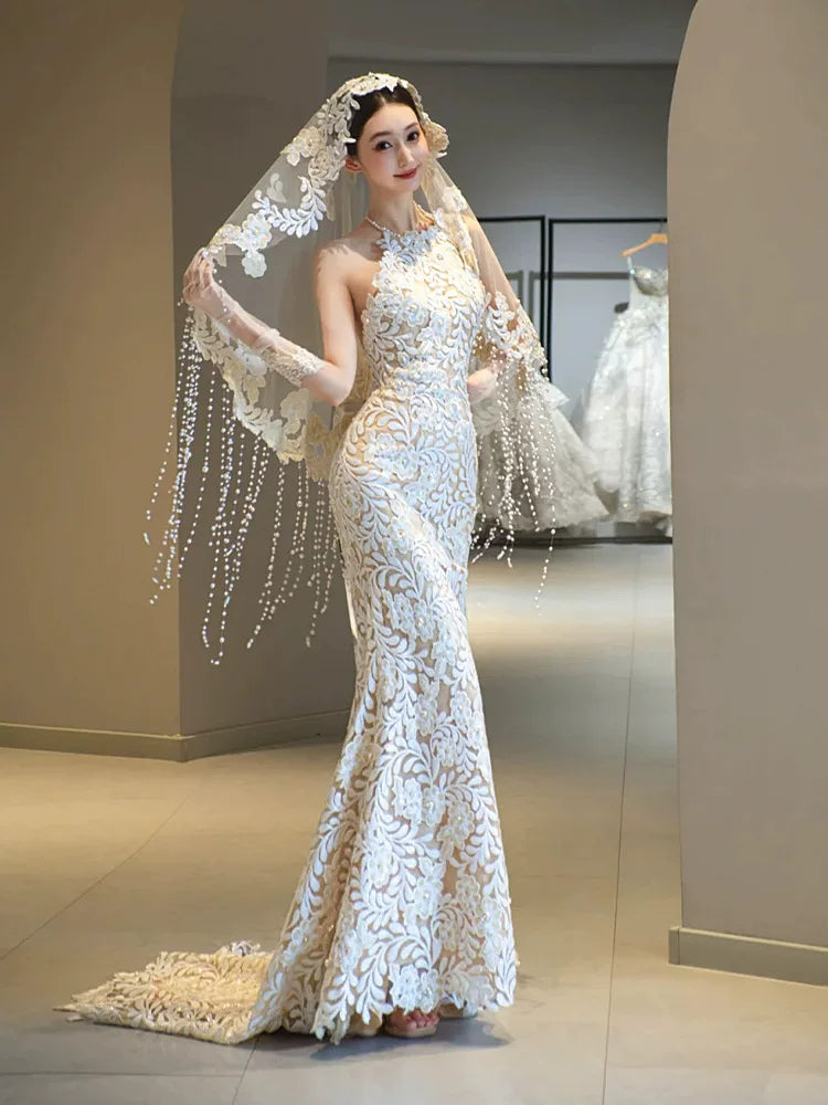 Luxury Halter Neck Wedding Dress With Sleeves Beading Veil Appliques Mermaid Bridal Dresses AP6914
