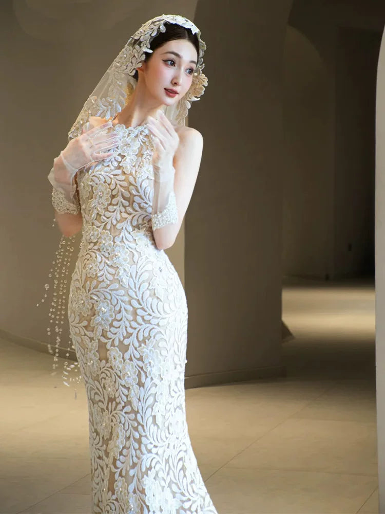 Luxury Halter Neck Wedding Dress With Sleeves Beading Veil Appliques Mermaid Bridal Dresses AP6914