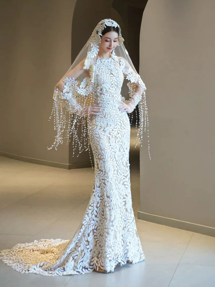 Luxury Halter Neck Wedding Dress With Sleeves Beading Veil Appliques Mermaid Bridal Dresses AP6914