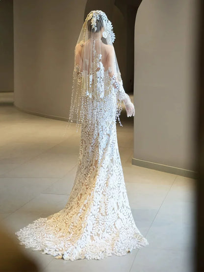 Luxury Halter Neck Wedding Dress With Sleeves Beading Veil Appliques Mermaid Bridal Dresses AP6914