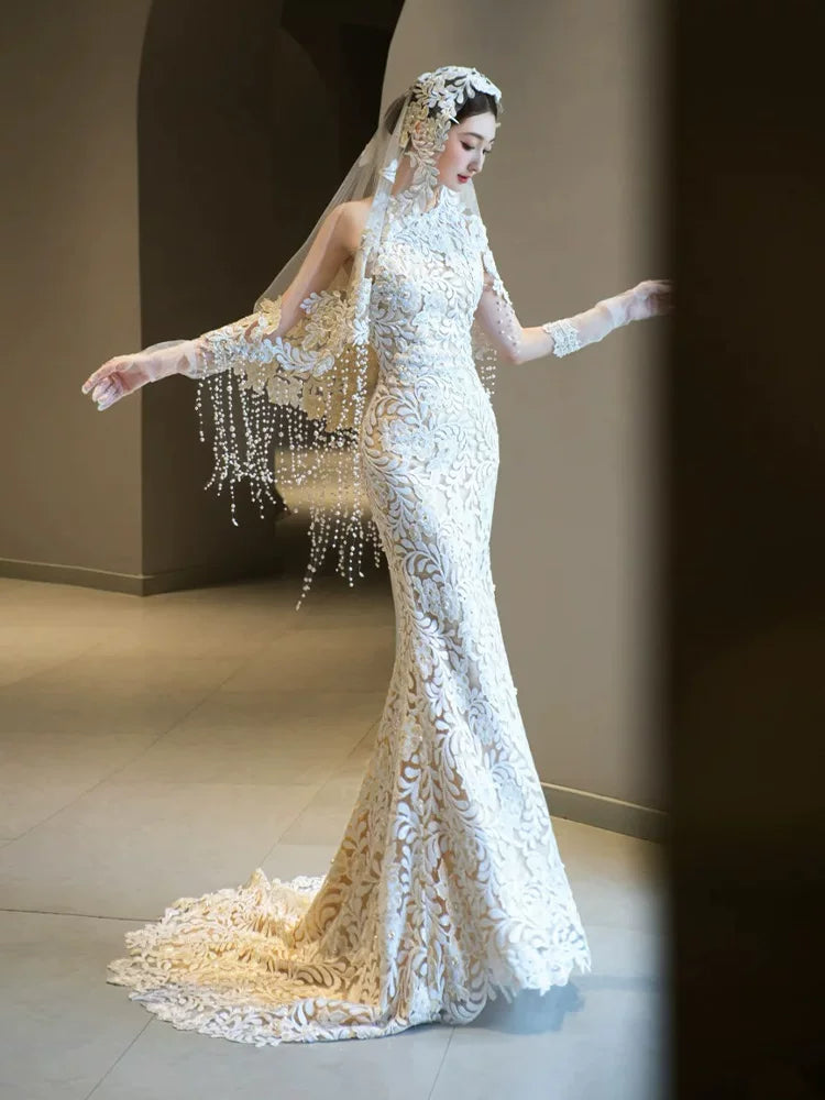 Luxury Halter Neck Wedding Dress With Sleeves Beading Veil Appliques Mermaid Bridal Dresses AP6914