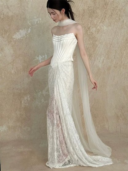 Graceful Strapless Satin Bodice Wedding Dress With Scarf Ideas Sheath Sequins Lace Bridal Dress AP6915