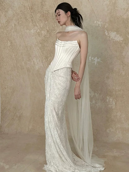 Graceful Strapless Satin Bodice Wedding Dress With Scarf Ideas Sheath Sequins Lace Bridal Dress AP6915