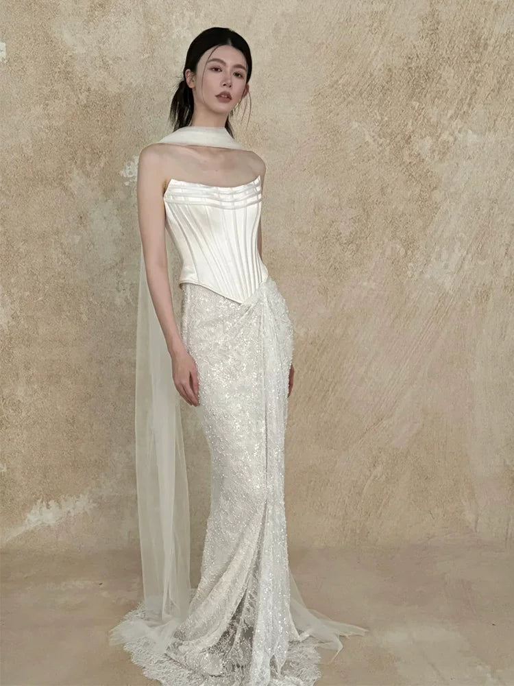 Graceful Strapless Satin Bodice Wedding Dress With Scarf Ideas Sheath Sequins Lace Bridal Dress AP6915