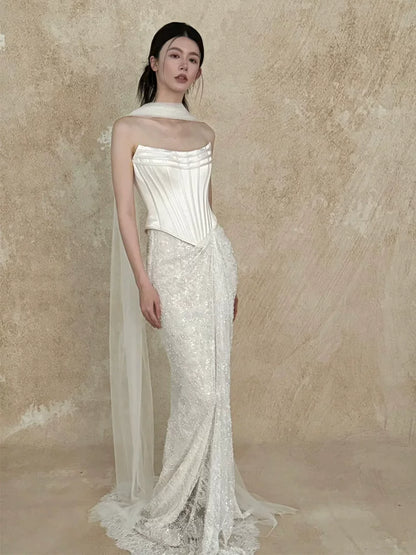Graceful Strapless Satin Bodice Wedding Dress With Scarf Ideas Sheath Sequins Lace Bridal Dress AP6915