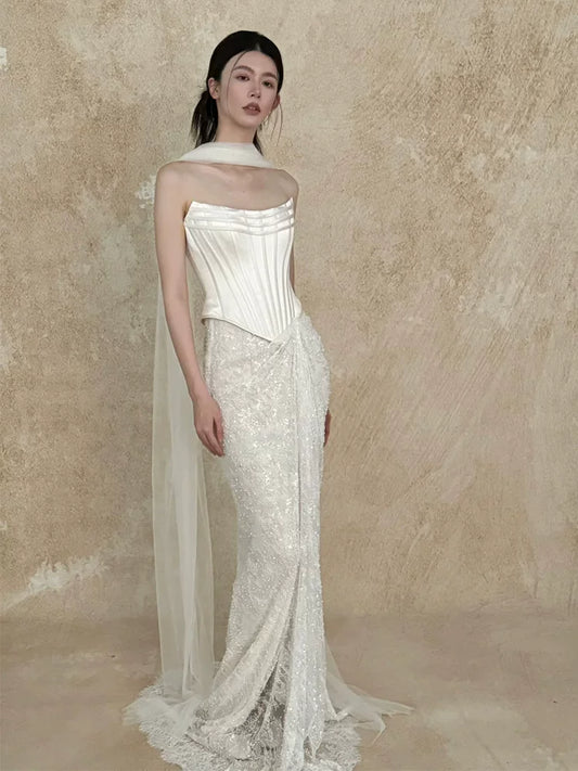 Graceful Strapless Satin Bodice Wedding Dress With Scarf Ideas Sheath Sequins Lace Bridal Dress AP6915