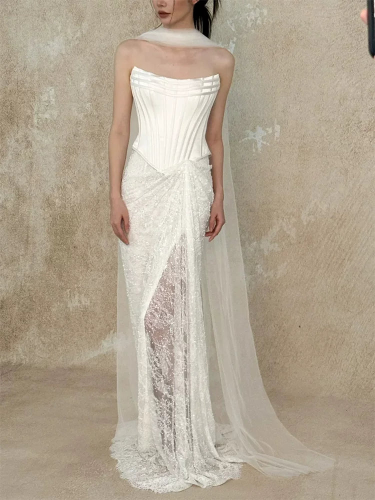 Graceful Strapless Satin Bodice Wedding Dress With Scarf Ideas Sheath Sequins Lace Bridal Dress AP6915