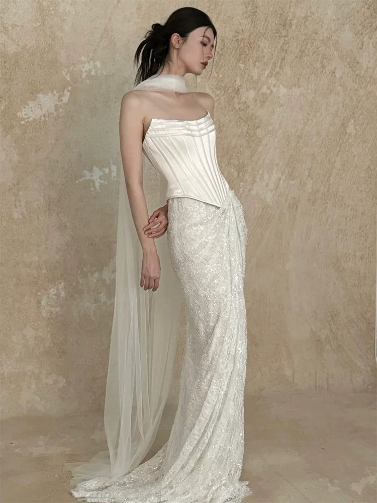 Graceful Strapless Satin Bodice Wedding Dress With Scarf Ideas Sheath Sequins Lace Bridal Dress AP6915