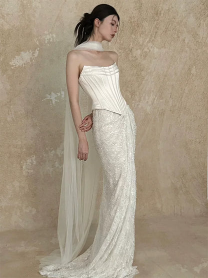 Graceful Strapless Satin Bodice Wedding Dress With Scarf Ideas Sheath Sequins Lace Bridal Dress AP6915