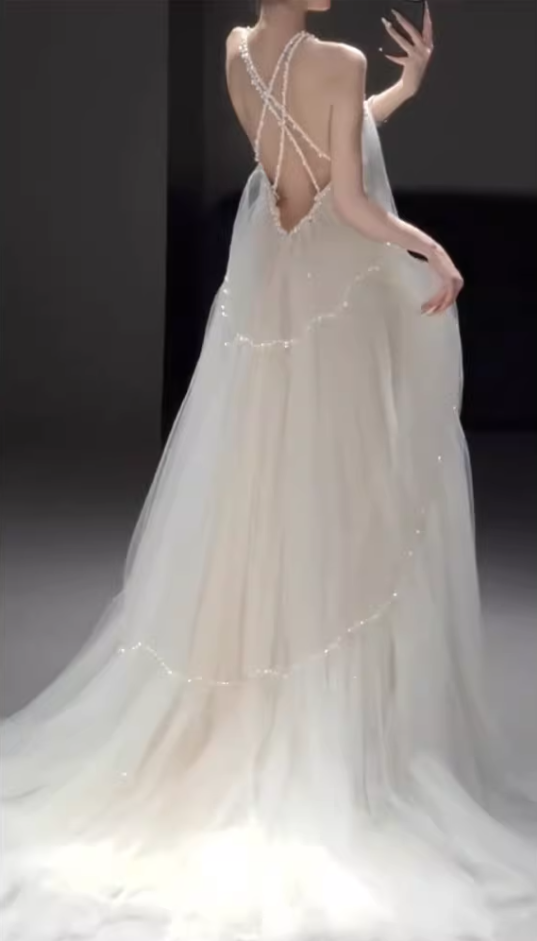 Elegant Spaghetti Strap Tulle Wedding Dress Beads A-Line Bridal Gown AP6916