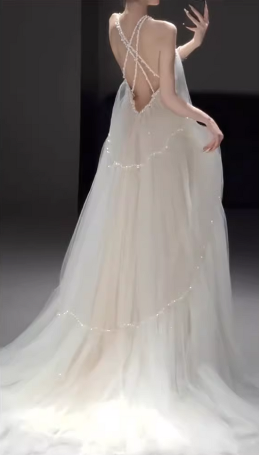 Elegant Spaghetti Strap Tulle Wedding Dress Beads A-Line Bridal Gown AP6916