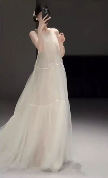 Elegant Spaghetti Strap Tulle Wedding Dress Beads A-Line Bridal Gown AP6916
