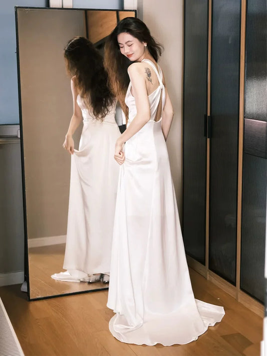 Classical Halter Neck A-Line Wedding Dress Ideas Satin Bridal Dress AP6917
