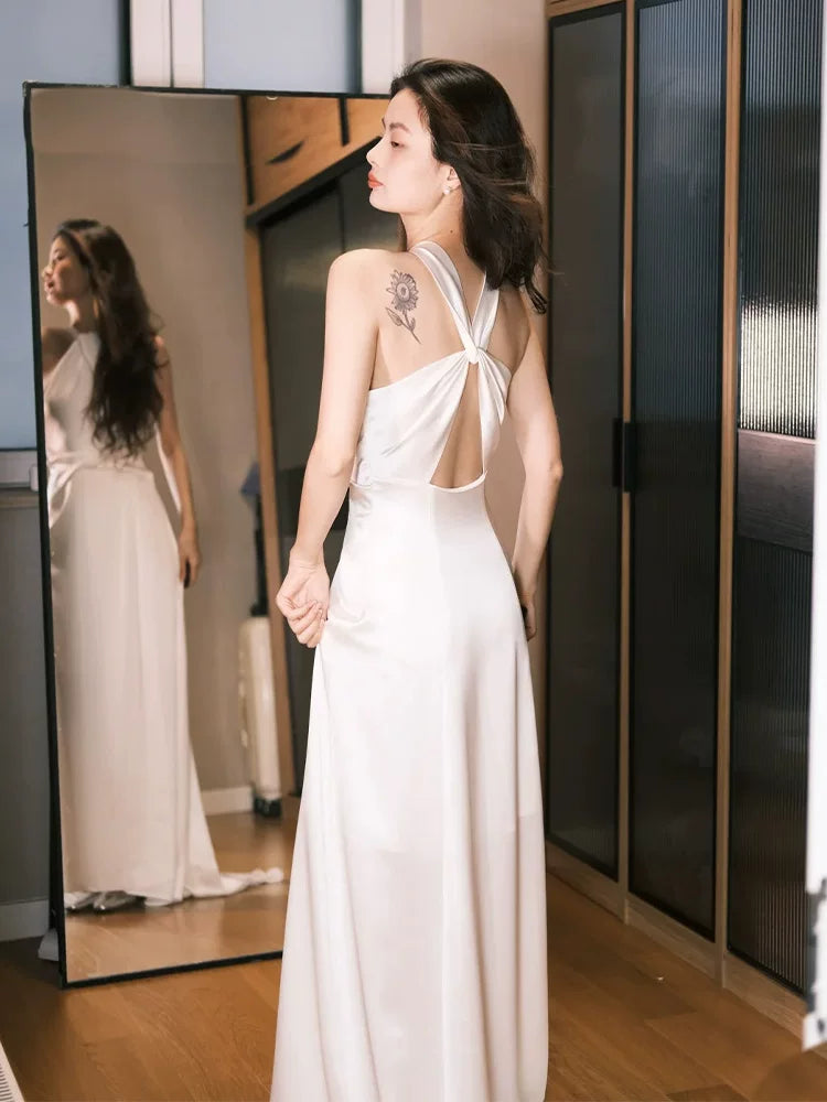 Classical Halter Neck A-Line Wedding Dress Ideas Satin Bridal Dress AP6917