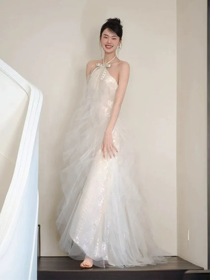 Fantastic Halter Neck A-Line Wedding Dress Bow Sequins Tulle Bridal Dress AP6918