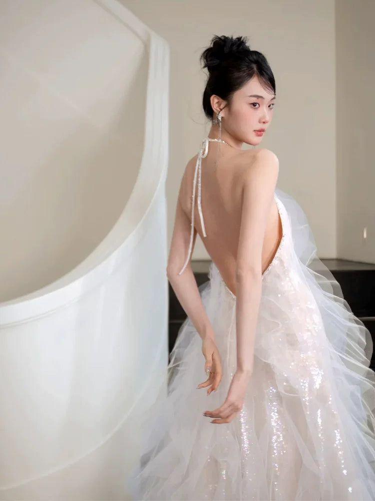 Fantastic Halter Neck A-Line Wedding Dress Bow Sequins Tulle Bridal Dress AP6918