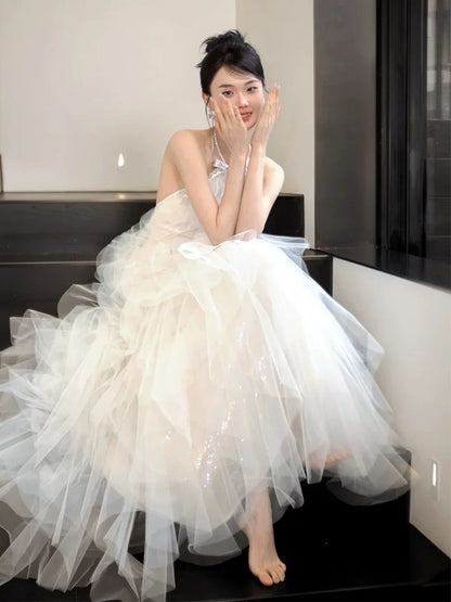 Fantastic Halter Neck A-Line Wedding Dress Bow Sequins Tulle Bridal Dress AP6918