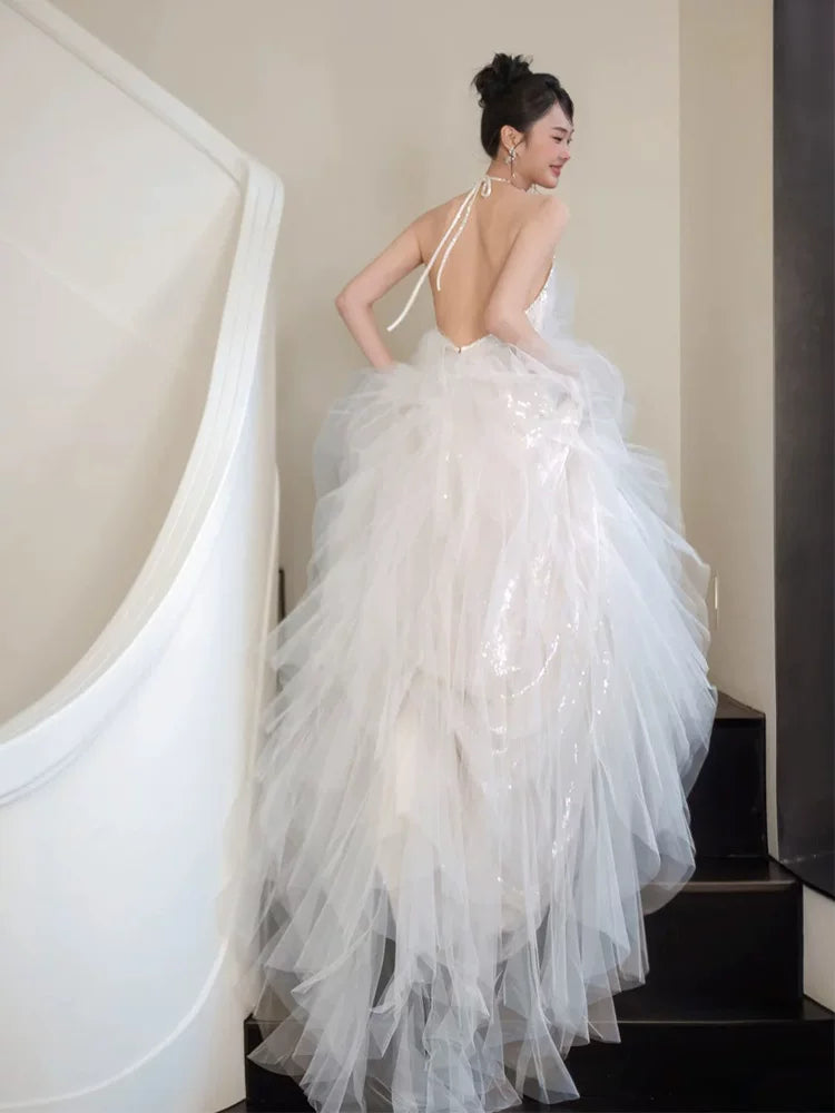 Fantastic Halter Neck A-Line Wedding Dress Bow Sequins Tulle Bridal Dress AP6918
