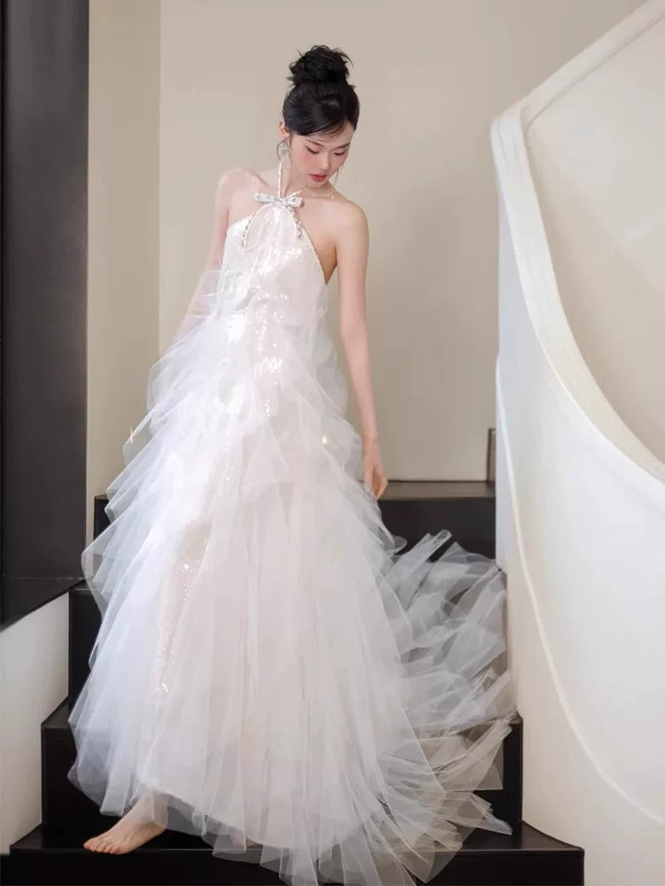 Fantastic Halter Neck A-Line Wedding Dress Bow Sequins Tulle Bridal Dress AP6918