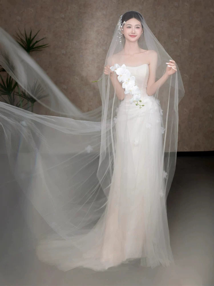 Sweet Strapless A-Line Wedding Dress Ideas Appliques Tulle Bridal Dress AP6919