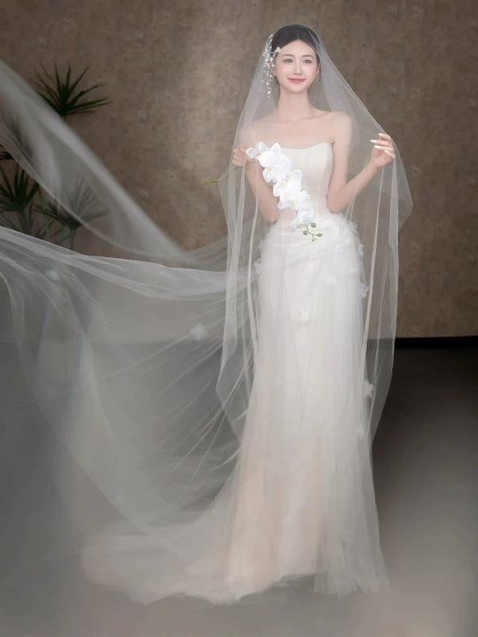 Sweet Strapless A-Line Wedding Dress Ideas Appliques Tulle Bridal Dress AP6919