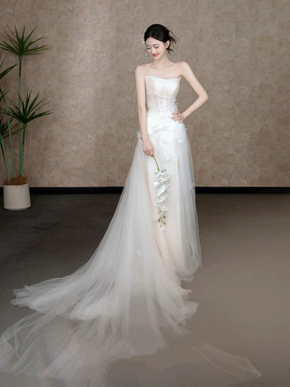 Sweet Strapless A-Line Wedding Dress Ideas Appliques Tulle Bridal Dress AP6919