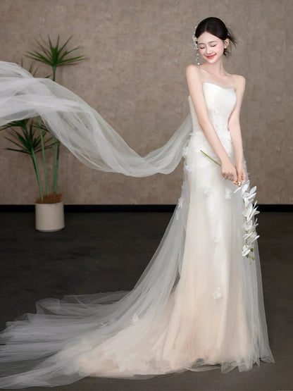 Sweet Strapless A-Line Wedding Dress Ideas Appliques Tulle Bridal Dress AP6919