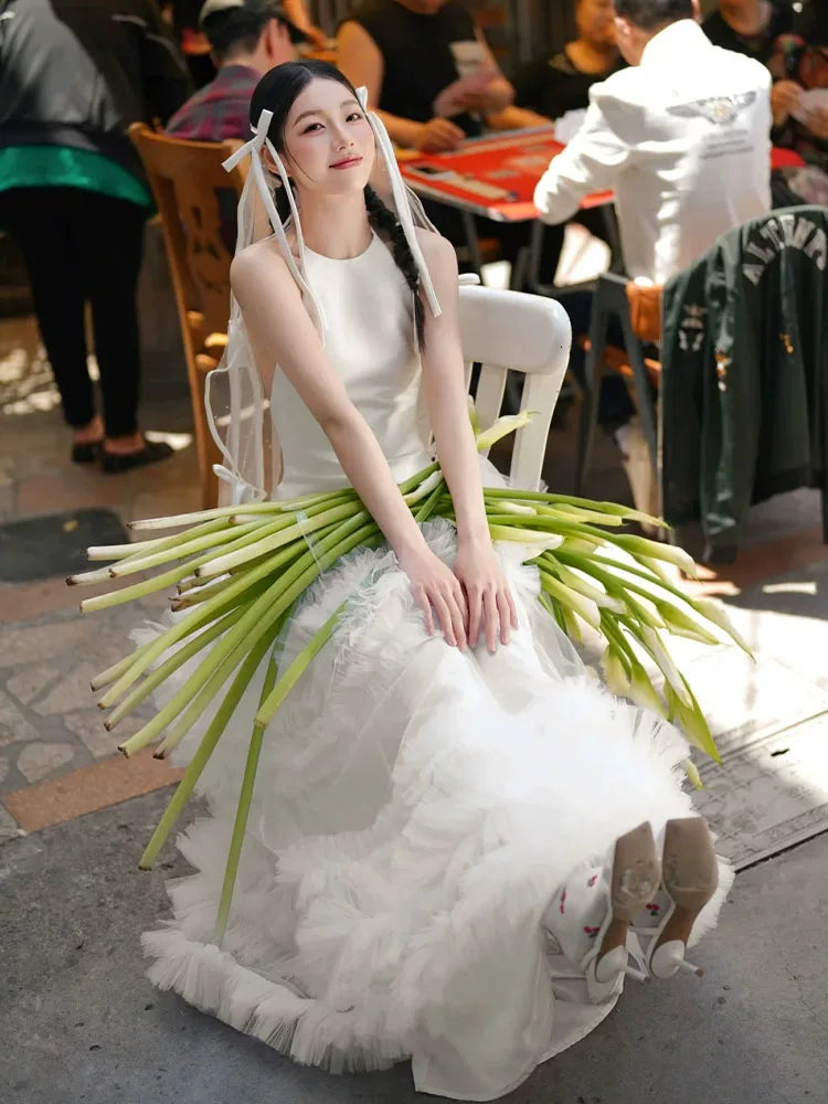 Cute Halter Neck A-Line Wedding Dress Satin Bodice Tulle Bridal Dress AP6920