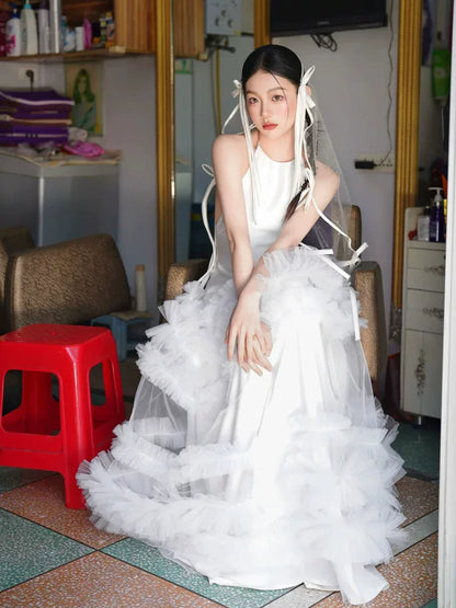 Cute Halter Neck A-Line Wedding Dress Satin Bodice Tulle Bridal Dress AP6920