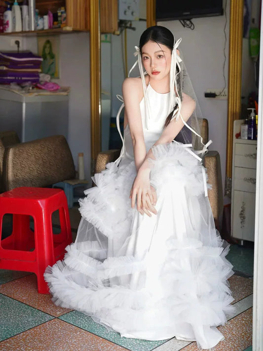 Cute Halter Neck A-Line Wedding Dress Satin Bodice Tulle Bridal Dress AP6920