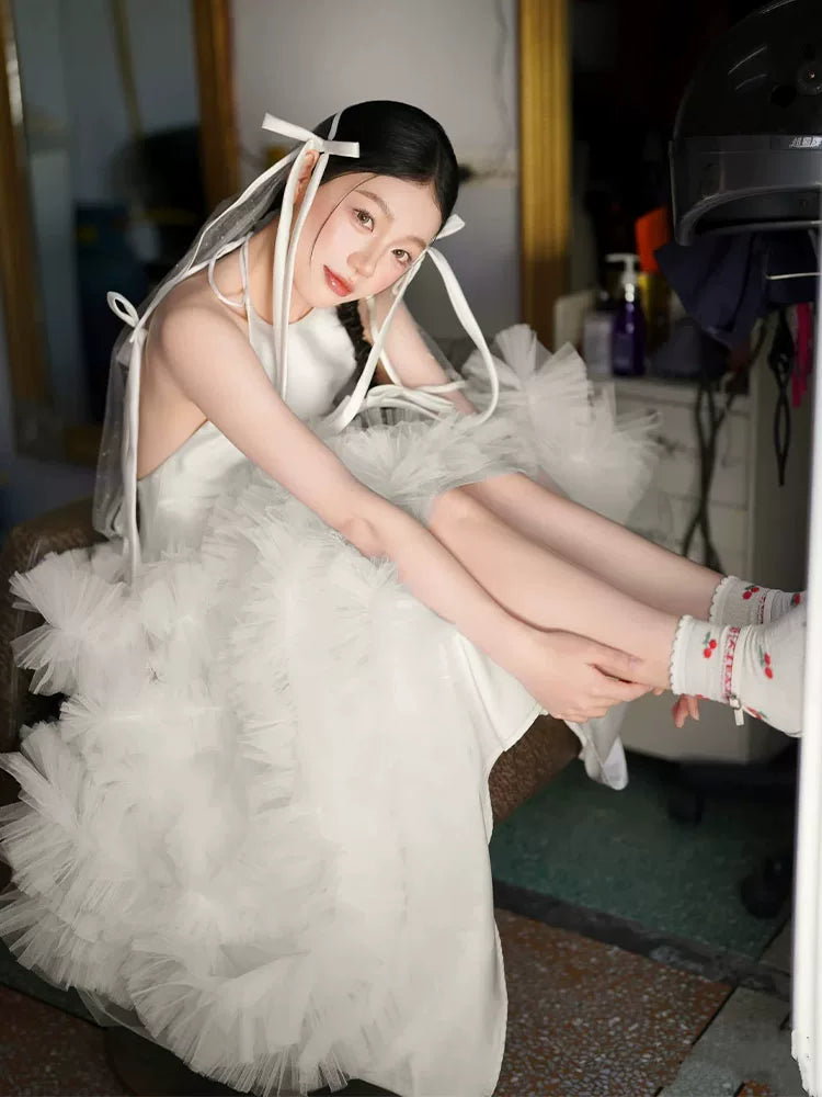Cute Halter Neck A-Line Wedding Dress Satin Bodice Tulle Bridal Dress AP6920
