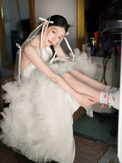 Cute Halter Neck A-Line Wedding Dress Satin Bodice Tulle Bridal Dress AP6920