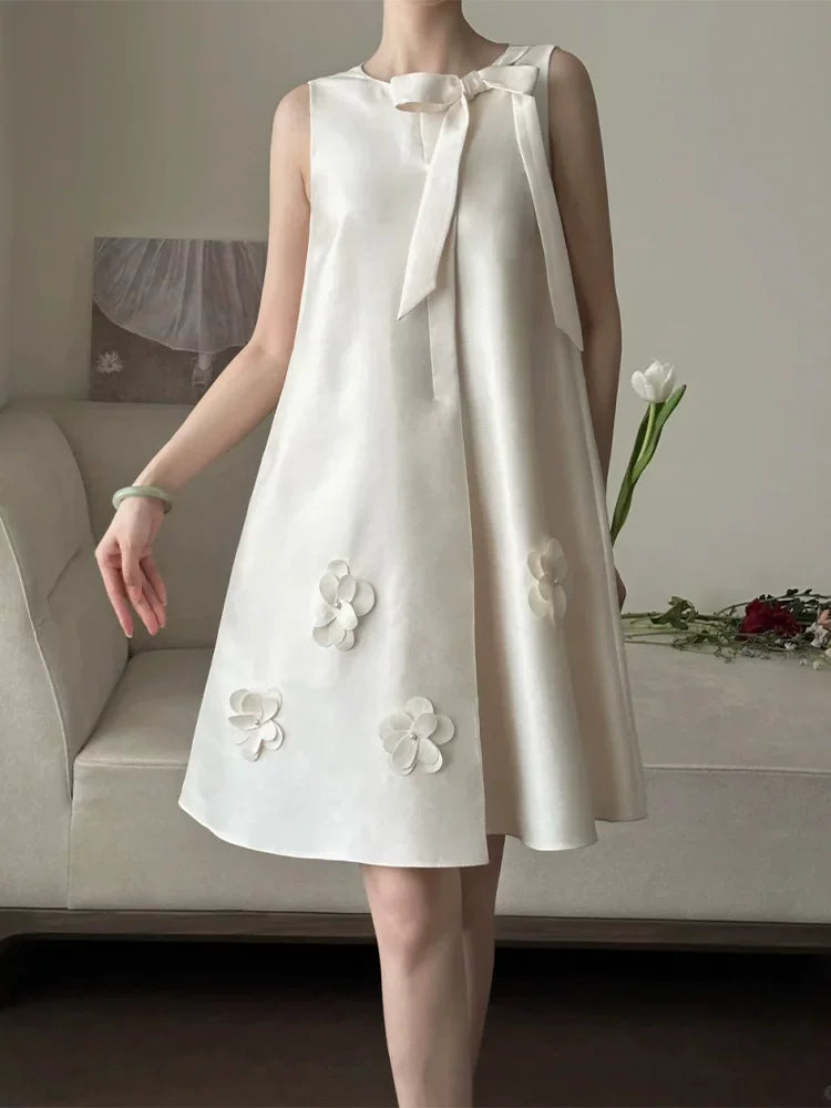 Vintage A-line White Homecoming Dress Ideas Jewel Neck Satin Appliques Bow Hoco Dress AP6921