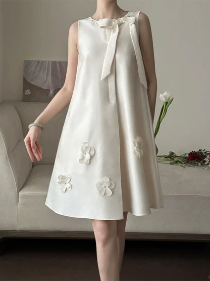 Vintage A-line White Homecoming Dress Ideas Jewel Neck Satin Appliques Bow Hoco Dress AP6921